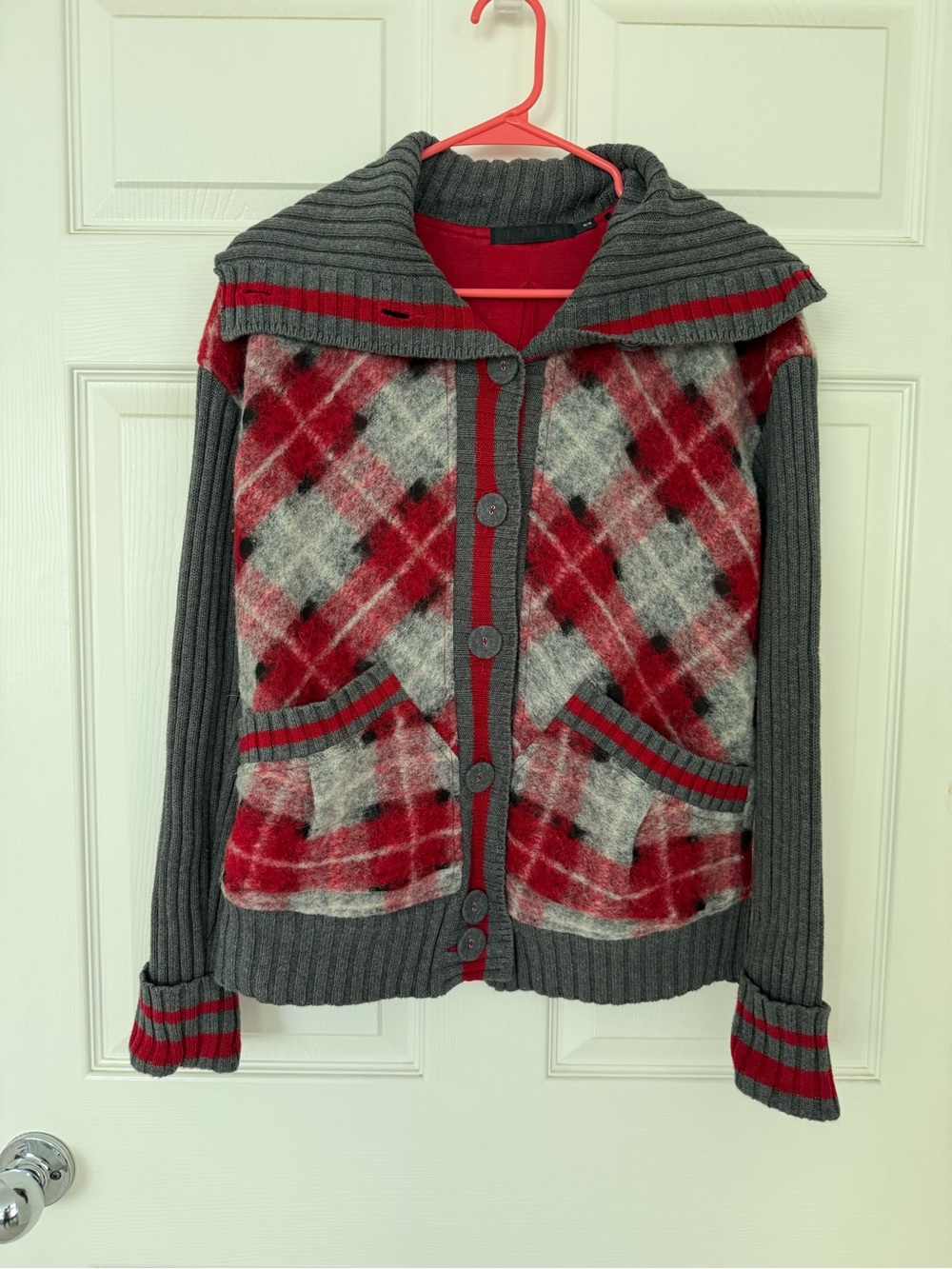 L.A.M.B. Gray and Red Plaid Button-Up Cardigan